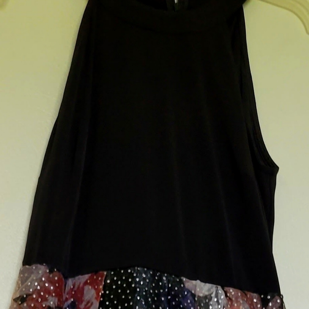 Beautiful black dress with floral jeweled bottom reaches ankle.